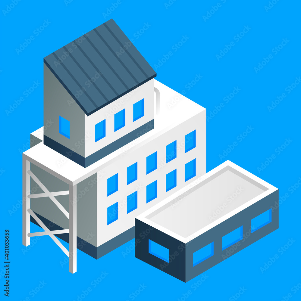Isometric factory building vector illustration. Manufacture building with several housing isolated on blue background. Industrial construction in the factory. Household industrial structure premise Isometric factory building vector illustration. Manufacture building with several housing isolated on blue background. Industrial construction in the factory. Household industrial structure premise