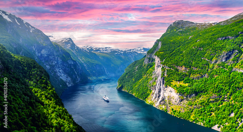 Panorama of breathtaking view of Sunnylvsfjorden fjord and famous Seven Sisters waterfalls, near Geiranger village in western Norway. Landscape photography photo