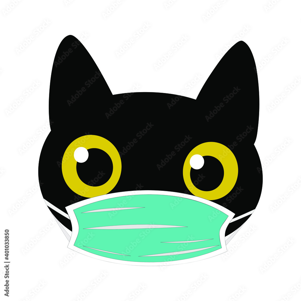 Black cat in a blue medical mask during the coronavirus period. Black cute funny kitten head isolated on white background for fashion prints, textiles, clothes. Vector illustration.