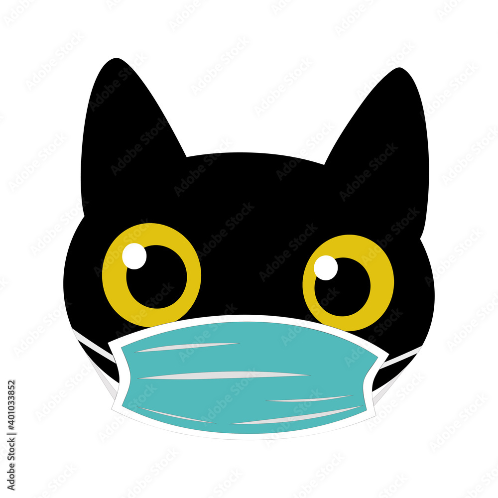 Black cat in a blue medical mask during the coronavirus period. Black cute funny kitten head isolated on white background for fashion prints, textiles, clothes. 