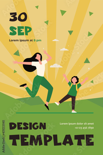 Excited mom and son having fun. Woman and boy jumping and dancing flat vector illustration. Motherhood  parenthood  maternity concept for banner  website design or landing web page