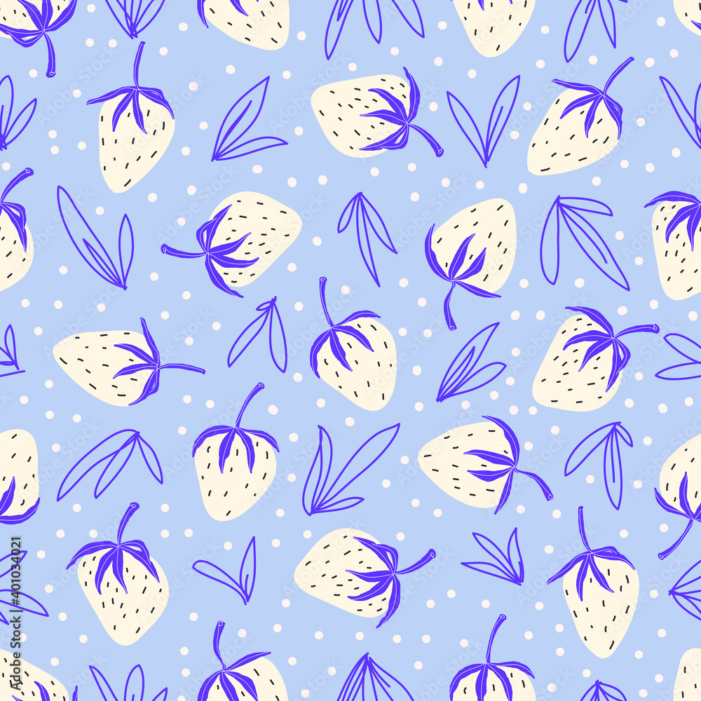 Modern pattern of white strawberries on a blue background. Hand drawn Seamless pattern suitable for kitchen textiles, kitchen interior, nursery interior, for wallpaper and background Modern pattern of white strawberries on a blue background. Hand drawn Seamless pattern suitable for kitchen textiles, kitchen interior, nursery interior, for wallpaper and background