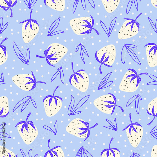 Modern pattern of white strawberries on a blue background. Hand drawn Seamless pattern suitable for kitchen textiles, kitchen interior, nursery interior, for wallpaper and background