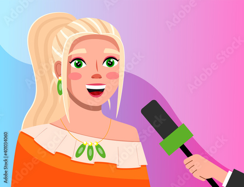 Press conference with green eyed woman. Journalist with microphone interviews a famous blonde girl. Social media and famous person. Young female character with an expensive necklace while recording