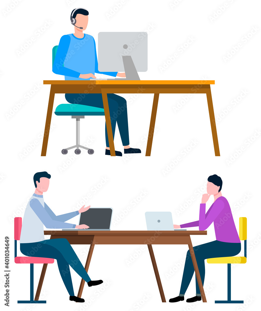 Businessman and broker, people at laptop and computer isolated characters vector. Financial investments consulting, business management assistant Businessman and broker, people at laptop and computer isolated characters vector. Financial investments consulting, business management assistant