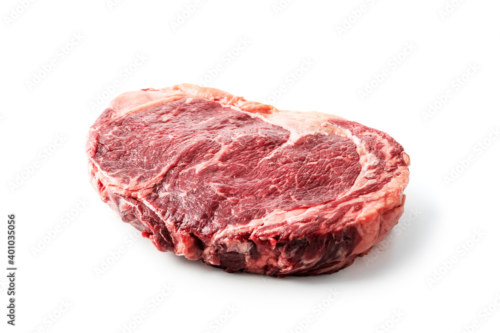 Marbling ribeye steak isolated on white background. Prime rib beef chop. Food photography Marbling ribeye steak isolated on white background. Prime rib beef chop. Food photography