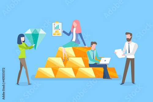 Teamwork of people with money vector, gemstone diamond, man with laptop programing and coding, Precious assets and materials, female and male working