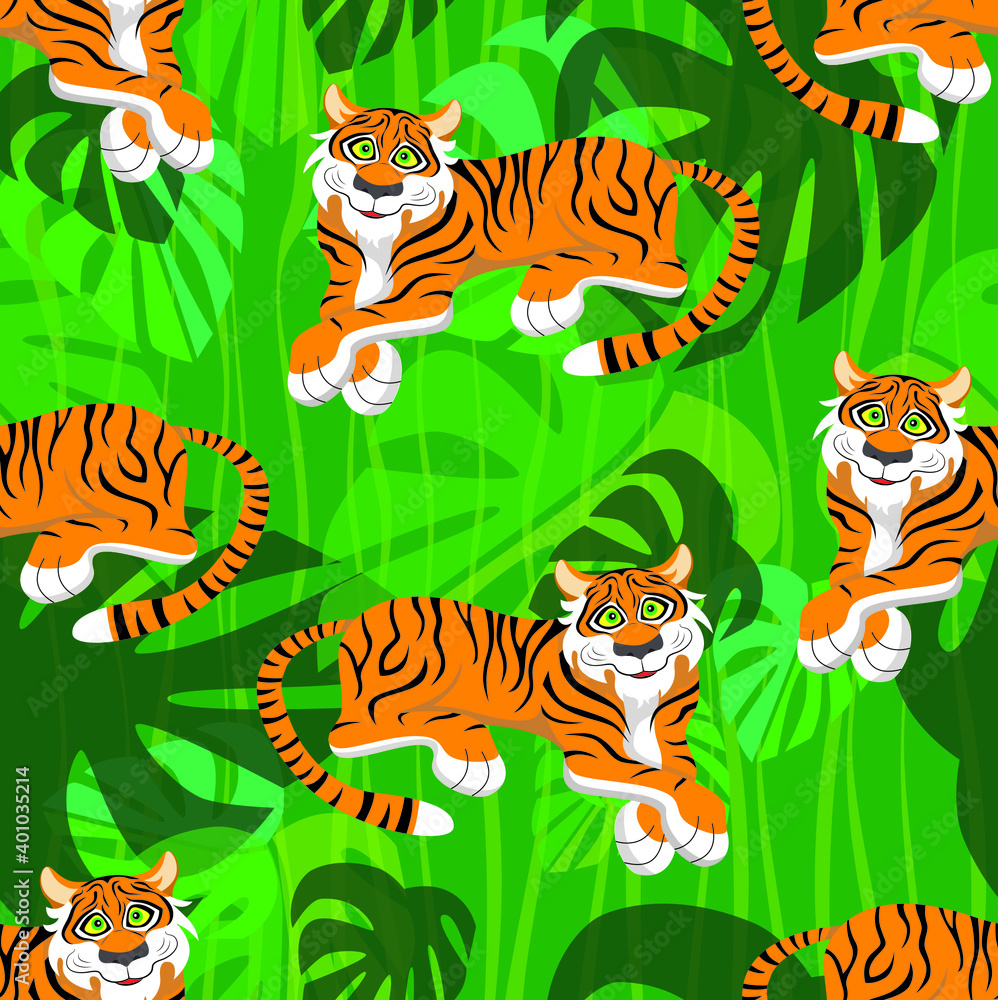 Cartoon smiling tiger and palm tropical leaves seamless pattern. Vector illustration. Cartoon smiling tiger and palm tropical leaves seamless pattern. Vector illustration.
