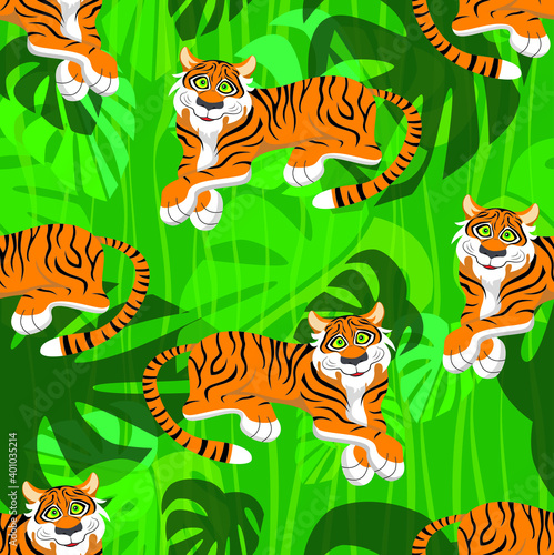 Cartoon smiling tiger and palm tropical leaves seamless pattern. Vector illustration.