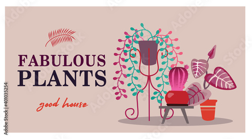 Cover design with fabulous home plants. Cactus, ivy, peace lily vector illustrations with good house text. Flora and gardening concept for poster, website or webpage background