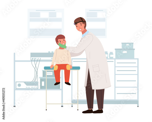 An otolaryngologist examines a child s sore throat. Doctor with patient in a medical laboratory. ENT holds the boy by the head to see his mouth. Man and kid characters on medical examination