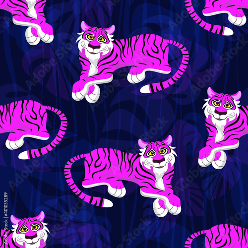 Cartoon smiling tiger and palm tropical leaves seamless pattern. Vector illustration.