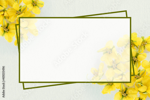 Yellow flowers with double frame. Blank greeting card, copy space for text
