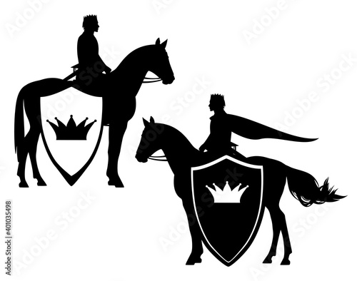medieval fairy tale prince or king riding horse - horseback rider and heraldic shield with royal crown black and white vector design set
