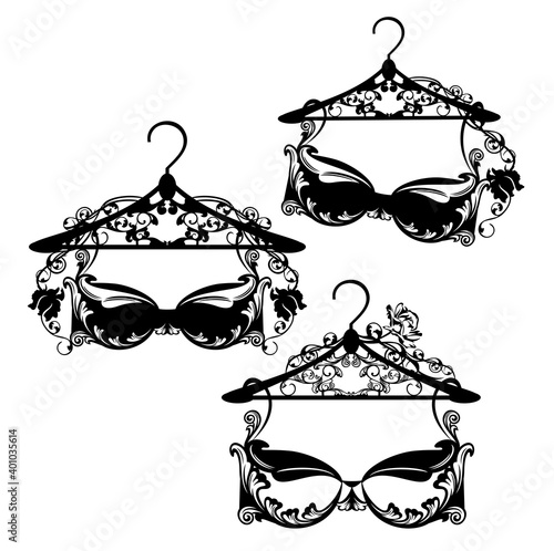 elegant bra lingerie and hanger with rose flowers - woman luxurious underwear black and white vector design set