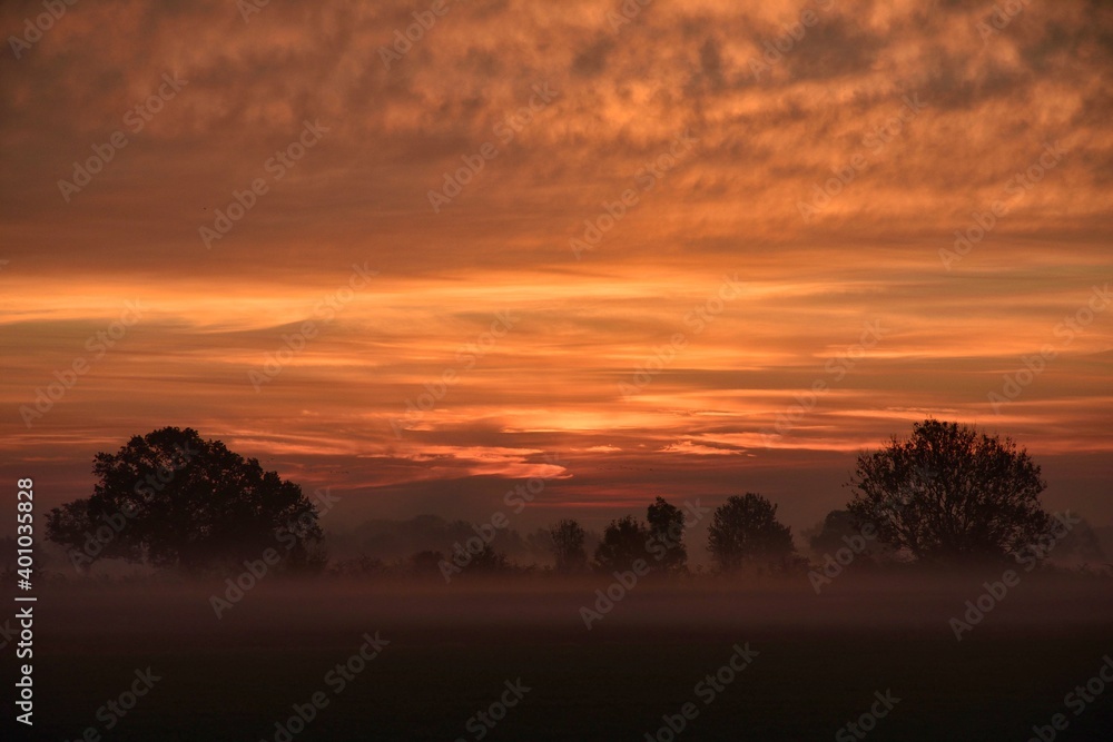morning mood shortly before sunrise. Fog and morning dew over the fields of Netherlands. Nice color mood. Landscape in autumn
