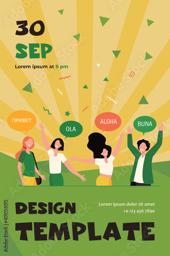 Happy young people saying hello in different languages. Students with speech bubbles and hands in greeting gesture. Vector illustration for communication, foreign languages, culture studying concept