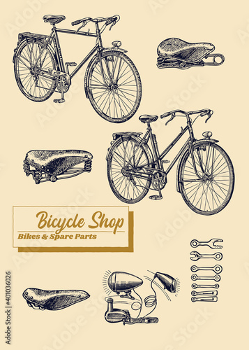 Bicycle Shop Bike and Spare Parts vintage illustration of bikes , saddles and tools