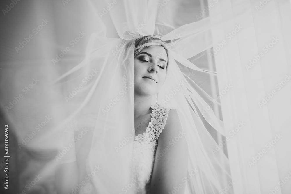 Gorgeous bride in robe posing and preparing for the wedding ceremony face in a room Gorgeous bride in robe posing and preparing for the wedding ceremony face in a room