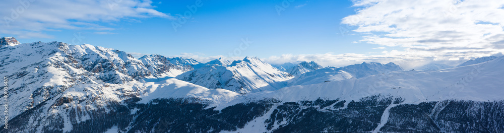 Panoramic winter landscape of the Dolomites mountains in northeastern Italy