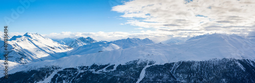 Panoramic winter landscape of the Dolomites mountains in northeastern Italy