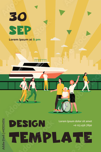 People enjoying vacation and walking by sea or river, waving hello at boat. Flat vector illustration for tourists, seaside, quay, leisure time in summer concept