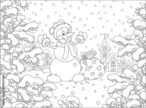 Friendly smiling funny snowman with a warm hat, a scarf and mittens brought a big bag of magic New Year gifts for little kids on a snowy winter day, black and white vector cartoon