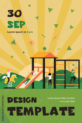 Happy children playing on playground with friends isolated flat vector illustration. Playful kids having fun, laughing and enjoying life. Childhood, playtime and summer activity concept
