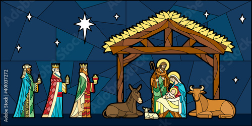 Nativity in stained glass. Christmas season - Vector