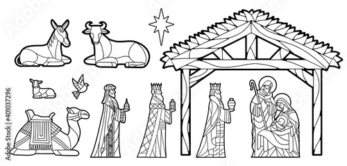Nativity in stained glass. Christmas season - Vector