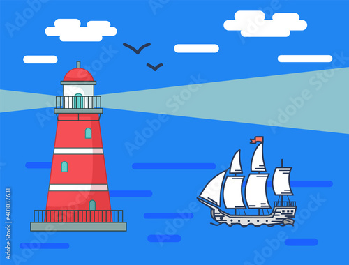 Red lighthouse on ocean or sea beach landscape with blue sky lights for a sailing ship. Construction tower with big floodlight to light the way water transport, gives signals to ships in dark