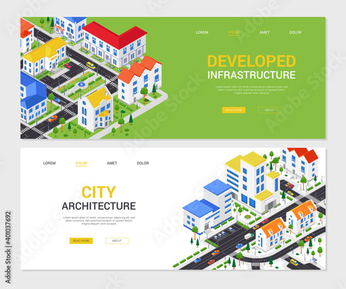 Developed infrastructure - set of modern colorful isometric web banners