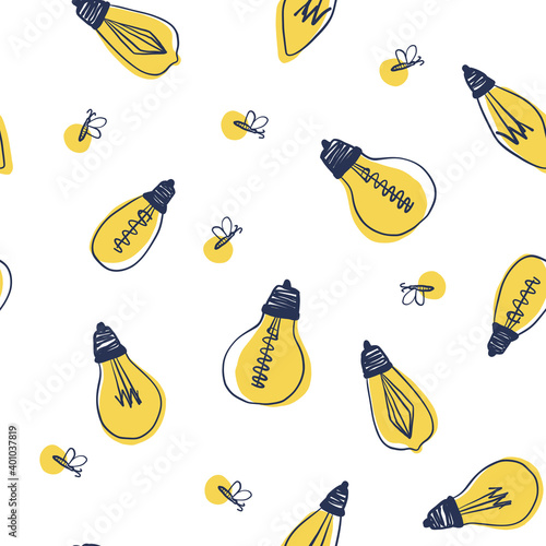 Lightbulb and firefly childish vector seamless pattern for kids - for fabric, wrapping, textile, wallpaper, background.