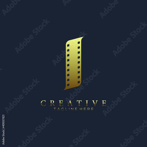 Elegant gold letter I logo for strip film vector illustration and black background