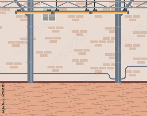 Empty room space of beige brick wall and wooden floor with metal construction with ceiling lights. Interior space for design idea and decoration. Flat vector illustration of industrial premises