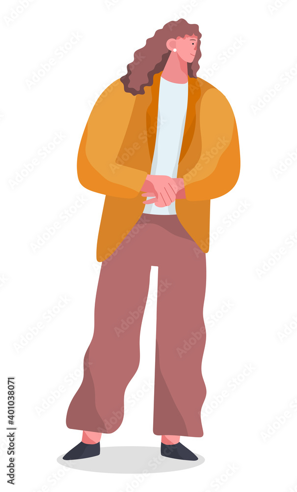 Fototapeta premium Stylish business man with earring in ear standing with his arms crossed at full height looking away vector illustration isolated on white. Male character in formal clothes office worker or employee