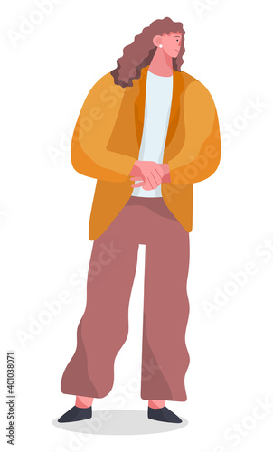 Stylish business man with earring in ear standing with his arms crossed at full height looking away vector illustration isolated on white. Male character in formal clothes office worker or employee © robu_s