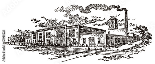 Exterior view of antique factory plant with people, train and smoking chimney