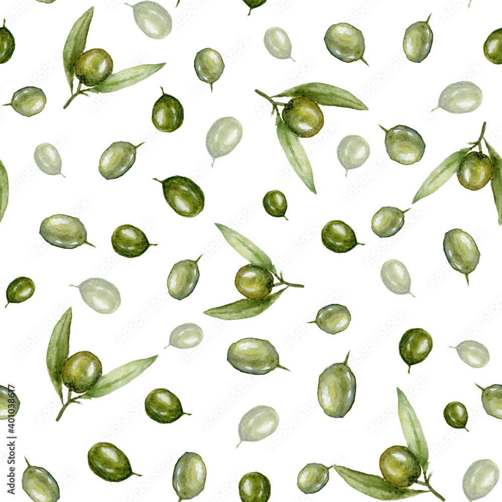 Watercolor olive pattern. Green Olive berries and leaves seamless texture on white background. Watercolor olive pattern. Green Olive berries and leaves seamless texture on white background.