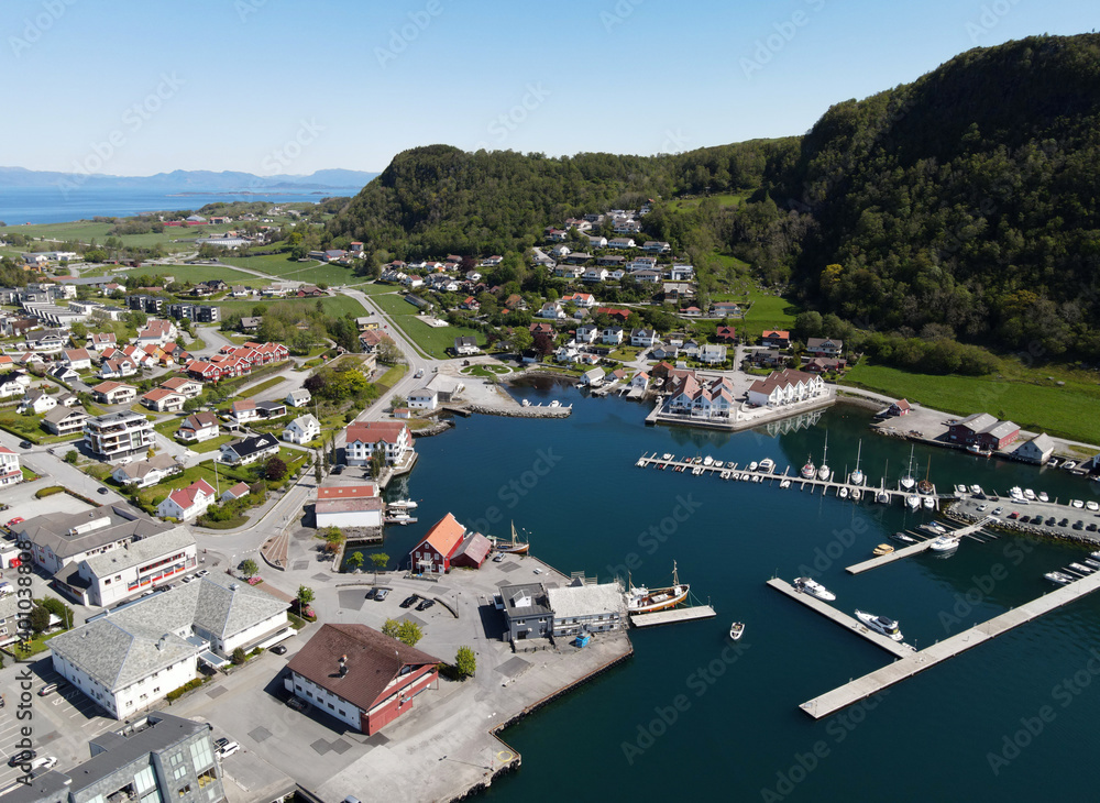 Aerial view of Rennesoy harbour and marina, Rennesoy, Rogaland, Norway