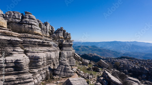 Karstic stone towers formations in Torcal de Antequera, Andalusia, Spain