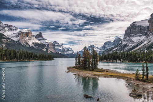 Scenery of Spirit Island with Canadian Rockies in Maligne Lake at Jasper National Park