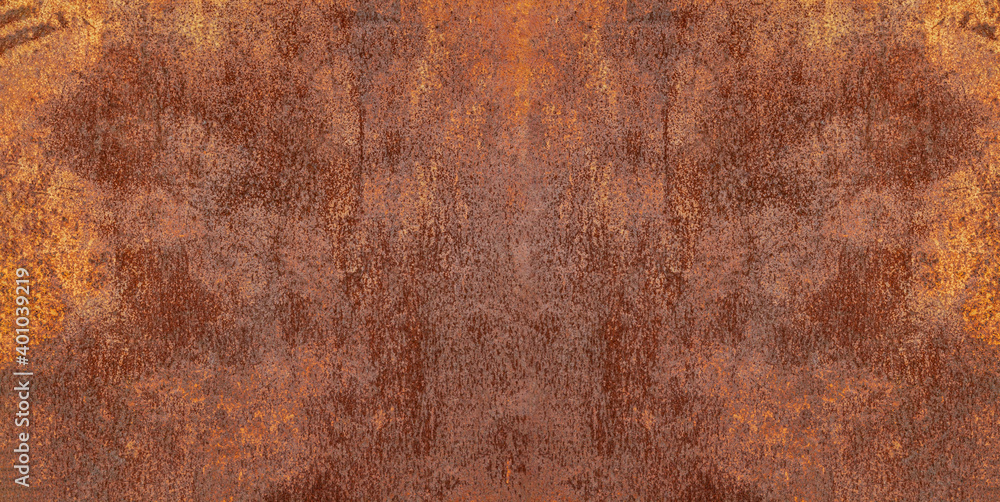 Panoramic grunge rusted metal texture, rust and oxidized metal background. Old worn metallic iron panel.