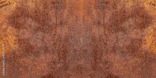 Panoramic grunge rusted metal texture, rust and oxidized metal background. Old worn metallic iron panel.