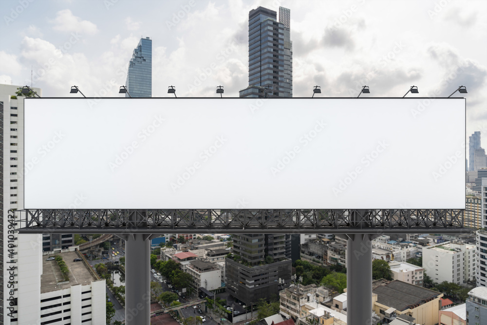 Blank white road billboard with Bangkok cityscape background at day time. Street advertising poster, mock up, 3D rendering. Front view. The concept of marketing communication to promote or sell idea. Blank white road billboard with Bangkok cityscape background at day time. Street advertising poster, mock up, 3D rendering. Front view. The concept of marketing communication to promote or sell idea.