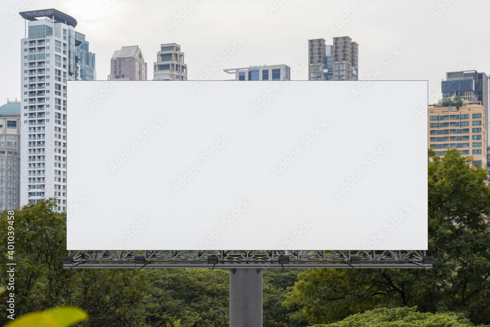 Fototapeta premium Blank white road billboard with Bangkok cityscape background at day time. Street advertising poster, mock up, 3D rendering. Front view. The concept of marketing communication to promote or sell idea.
