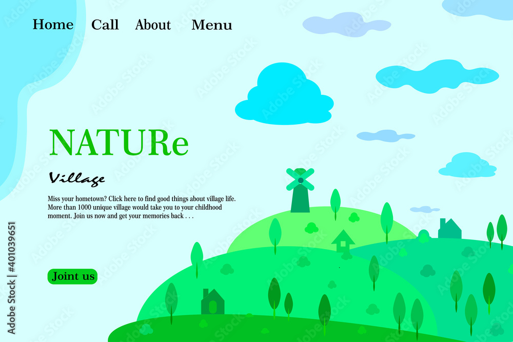 Nature landing page with green hill and village view. Best fresh to take as web template, UI and UX design, mobile apps, background and homepage. 