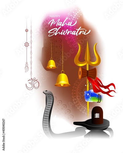 Vector illustration of Maha Shivratri banner with trishula, lingam, bells and God Shiva, Hindu festival Shivratri poster.