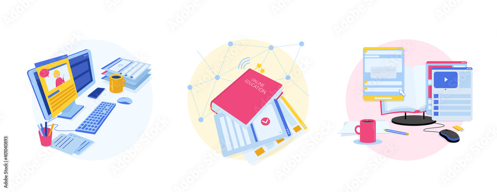 objects of online education, computer, e-book, website pages, internet. Flat vector illustration. objects of online education, computer, e-book, website pages, internet. Flat vector illustration.