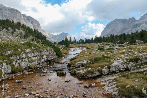 A rushing torrent in Italian Dolomites. There is not much water in the torrent, a few stones are popping out. High mountain chains in the back. Forest on the side. Power of the nature